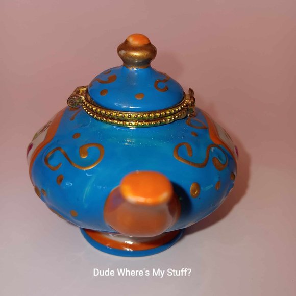 BUTTERFLY TRINKET PORCELAIN HINGED MINI TEAPOT - ABOUT 3" TALL - BLUE & BRICK - Picture 7 of 8